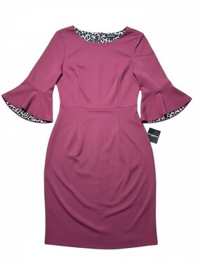 LIZ CLAIBORNE | Bell Sleeve Sheath Cocktail Party Dress Leopard Accent Wine | 16